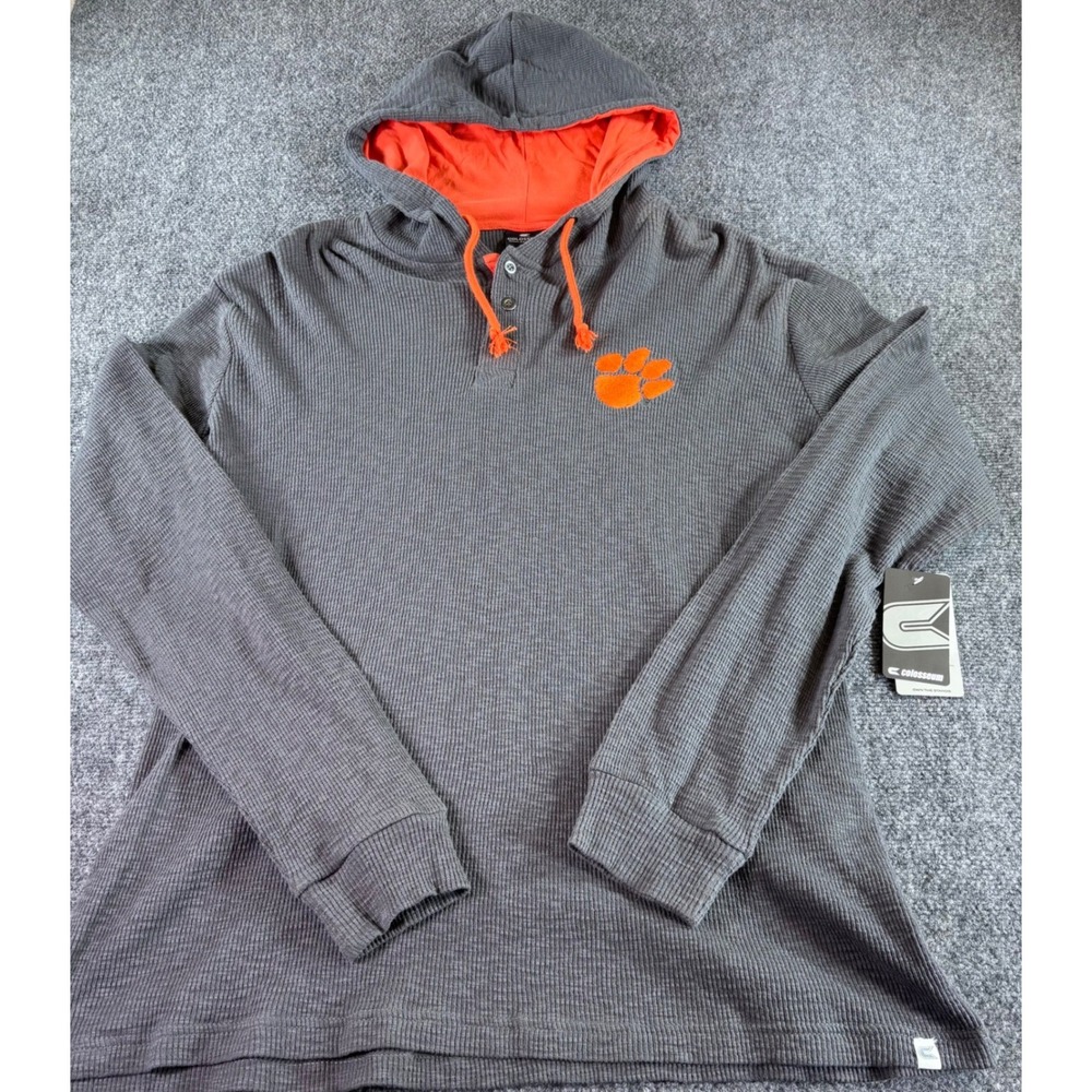 Colosseum Clemson Tigers Hoodie Mens XXL Gray Orange Waffle‎ Knit Henley NWT